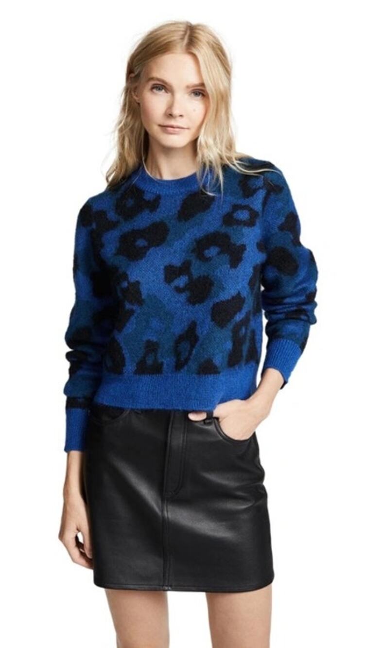 Rag and Bone Leopard Print Mohairblend Crewneck Sweater Cobalt Blue Animal